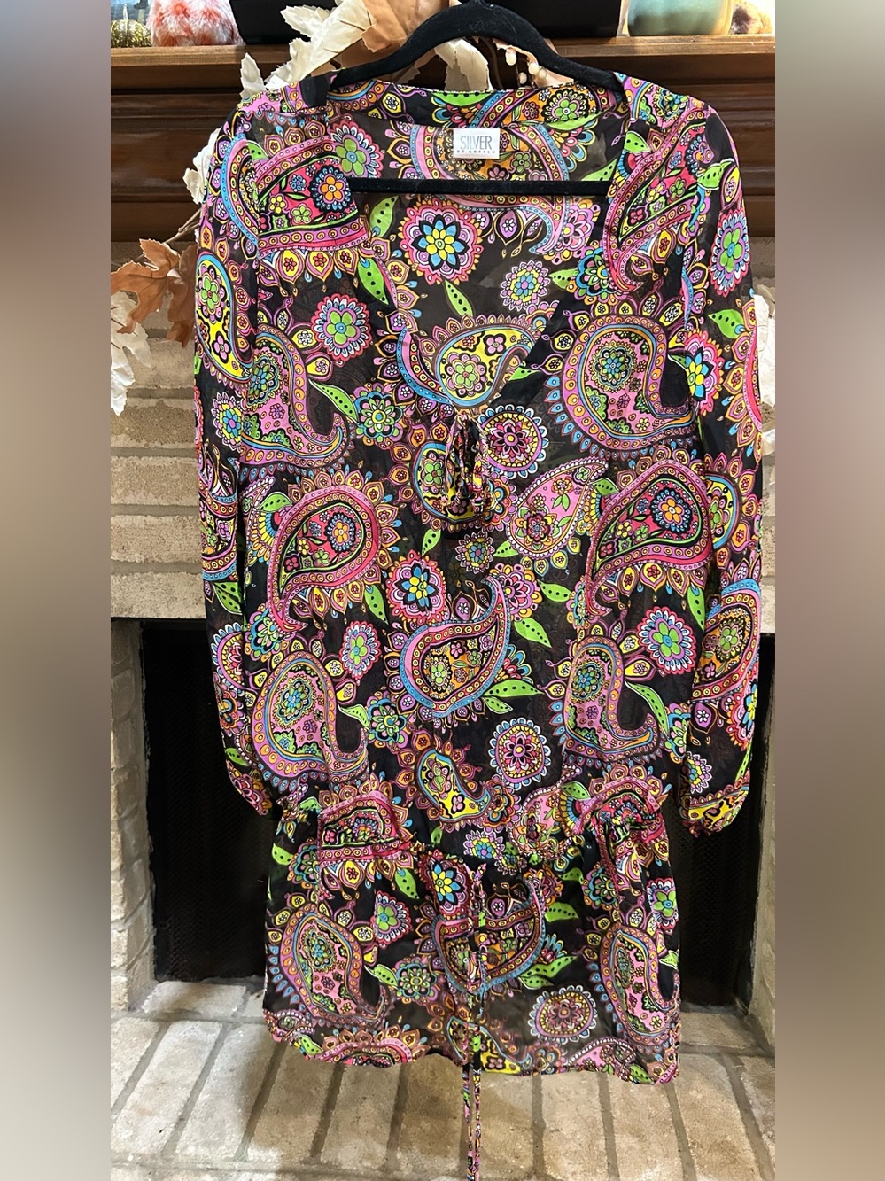 Black Paisley Dress with Pink, Green & Yellow Accents EUC